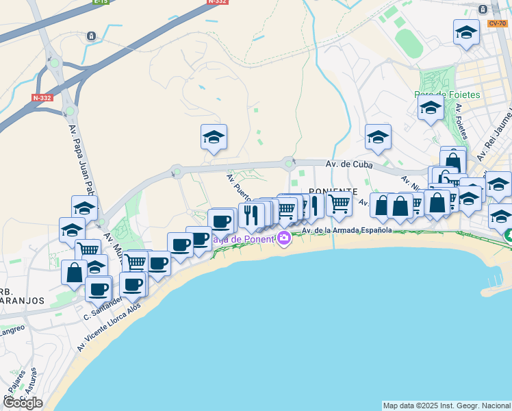 map of restaurants, bars, coffee shops, grocery stores, and more near in Benidorm