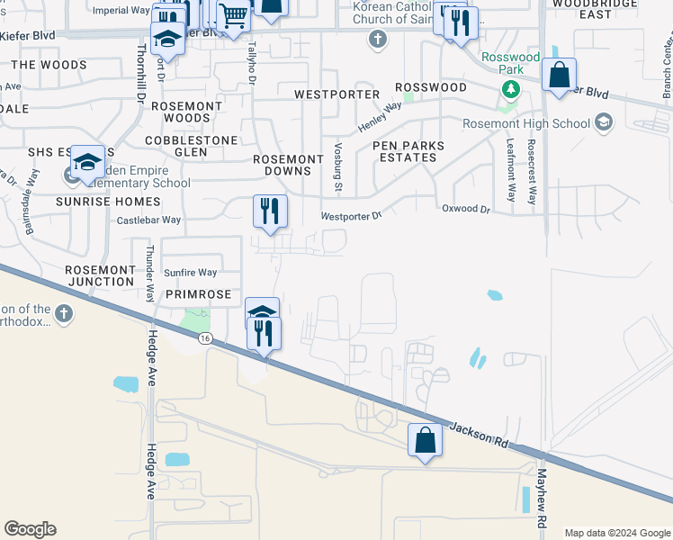 map of restaurants, bars, coffee shops, grocery stores, and more near 9290 Beatty Drive in Sacramento