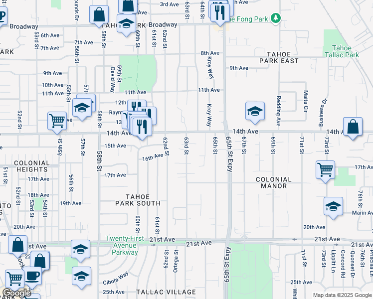 map of restaurants, bars, coffee shops, grocery stores, and more near 4081 63rd Street in Sacramento