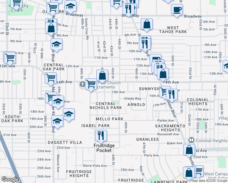 map of restaurants, bars, coffee shops, grocery stores, and more near 4011 43rd Street in Sacramento