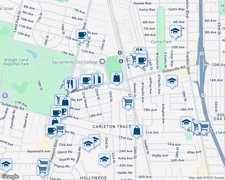 map of restaurants, bars, coffee shops, grocery stores, and more near 4105 23rd Street in Sacramento