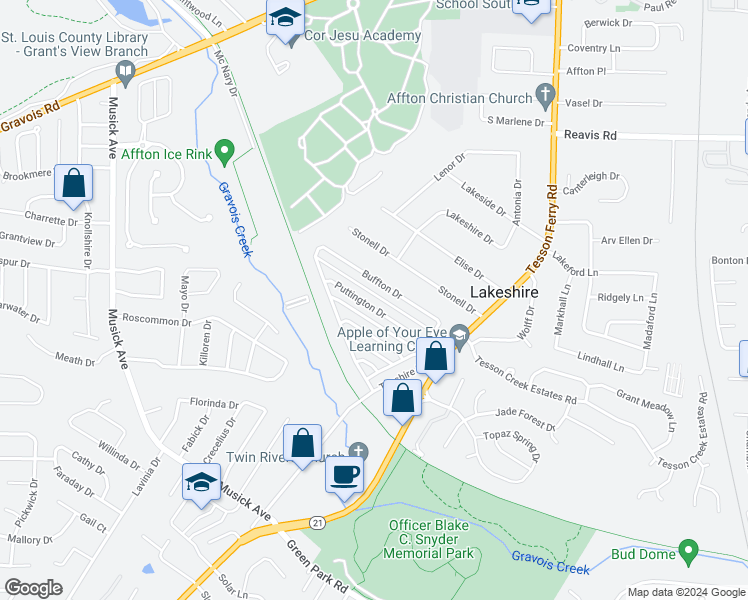 map of restaurants, bars, coffee shops, grocery stores, and more near 10064 Puttington Drive in St. Louis
