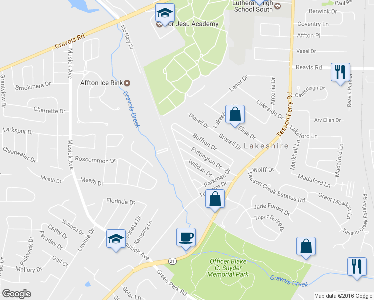 map of restaurants, bars, coffee shops, grocery stores, and more near 10153 Squire Meadows Drive in St. Louis