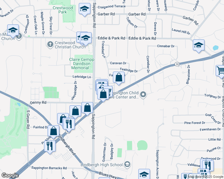 map of restaurants, bars, coffee shops, grocery stores, and more near 9862 Aleppo Drive in Sappington