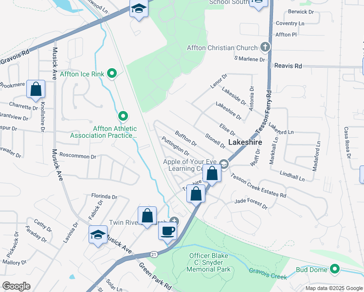 map of restaurants, bars, coffee shops, grocery stores, and more near 10073 Puttington Drive in Saint Louis
