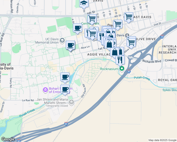 map of restaurants, bars, coffee shops, grocery stores, and more near 3900 Solano Park in Davis