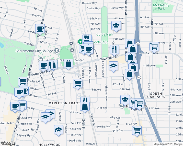 map of restaurants, bars, coffee shops, grocery stores, and more near 3851 West Pacific Avenue in Sacramento