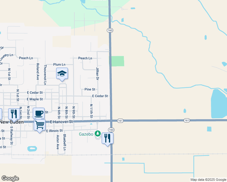 map of restaurants, bars, coffee shops, grocery stores, and more near 7932 Illinois 160 in New Baden