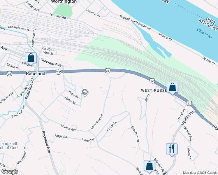 map of restaurants, bars, coffee shops, grocery stores, and more near 36-556 Cherokee Rd in Raceland
