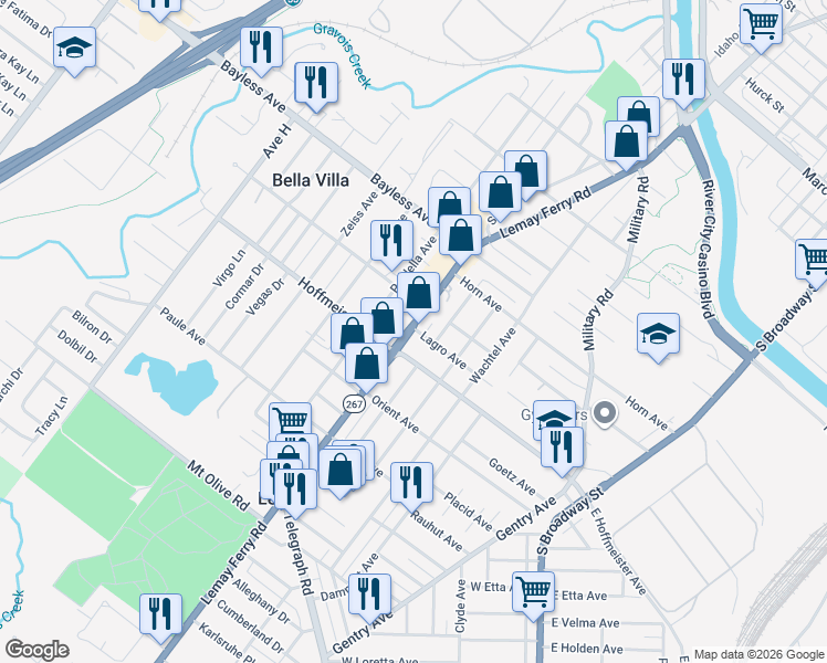map of restaurants, bars, coffee shops, grocery stores, and more near 909 Hoffmeister Avenue in St. Louis