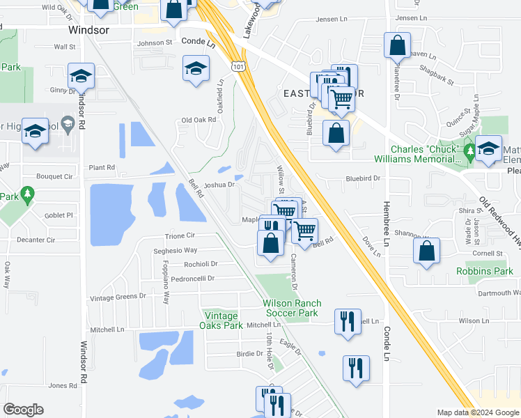 map of restaurants, bars, coffee shops, grocery stores, and more near 719 Sequoia Street in Windsor