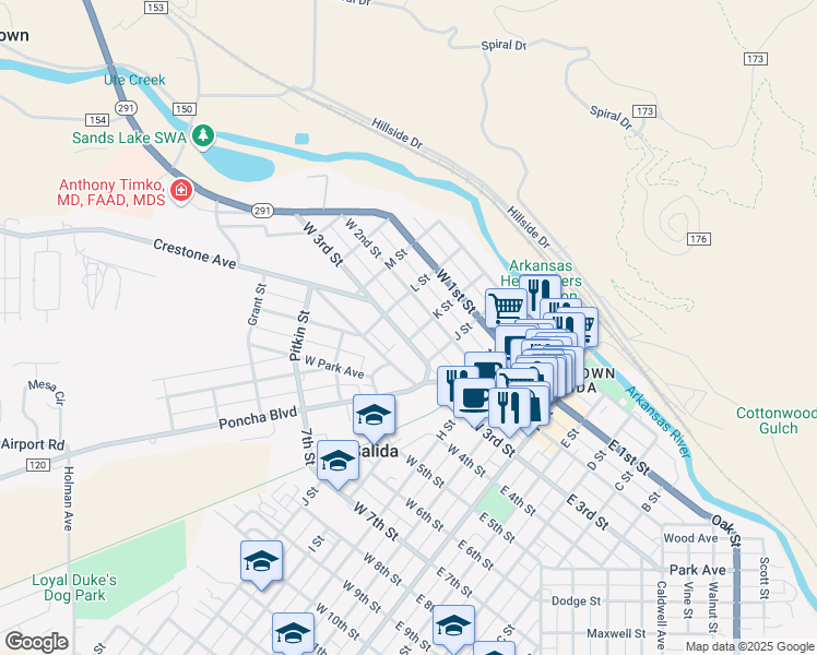 map of restaurants, bars, coffee shops, grocery stores, and more near 528 West 3rd Street in Salida