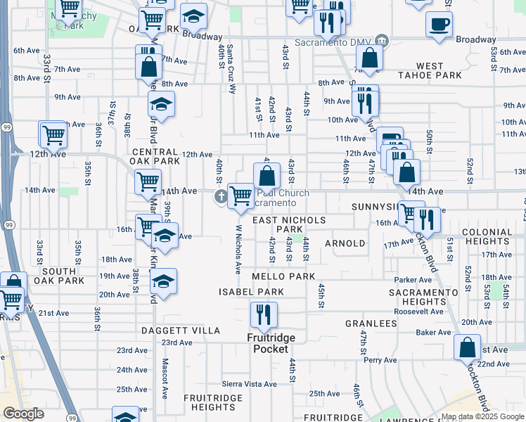 map of restaurants, bars, coffee shops, grocery stores, and more near 4004 42nd Street in Sacramento