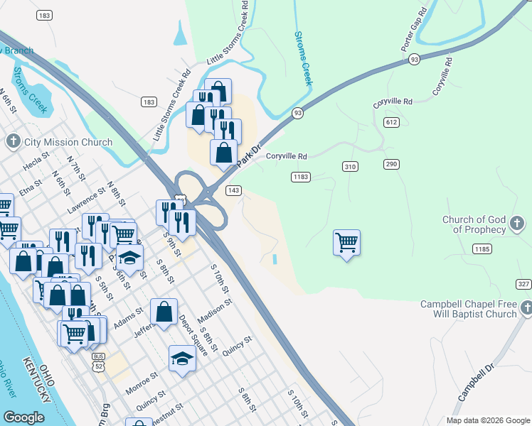 map of restaurants, bars, coffee shops, grocery stores, and more near 193 Township Road 143 in Ironton