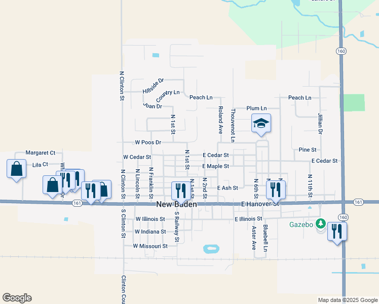 map of restaurants, bars, coffee shops, grocery stores, and more near 217 North 1st Street in New Baden