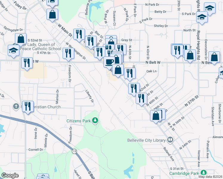map of restaurants, bars, coffee shops, grocery stores, and more near 21 South 44th Street in Belleville