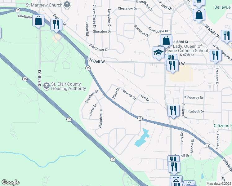 map of restaurants, bars, coffee shops, grocery stores, and more near 6301 Old Saint Louis Road in Belleville
