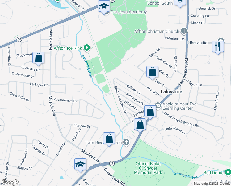 map of restaurants, bars, coffee shops, grocery stores, and more near 10196 Squire Meadows Drive in St. Louis