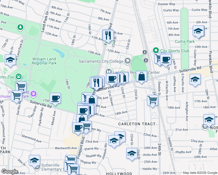 map of restaurants, bars, coffee shops, grocery stores, and more near Sutterville Rd & 21st St in Sacramento