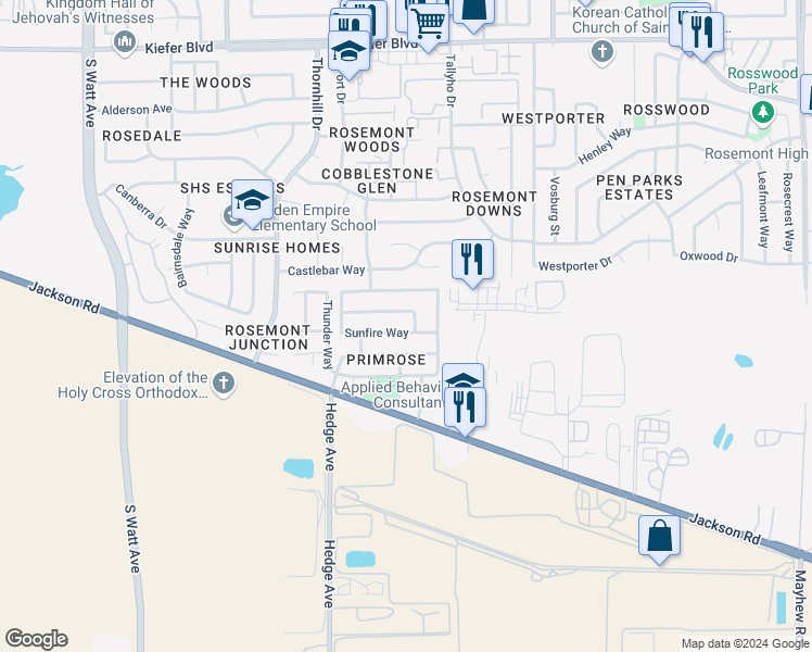 map of restaurants, bars, coffee shops, grocery stores, and more near 9231 Sunfire Way in Sacramento