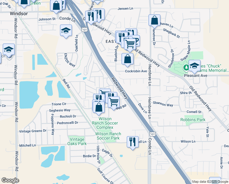 map of restaurants, bars, coffee shops, grocery stores, and more near 8086 A Street in Windsor