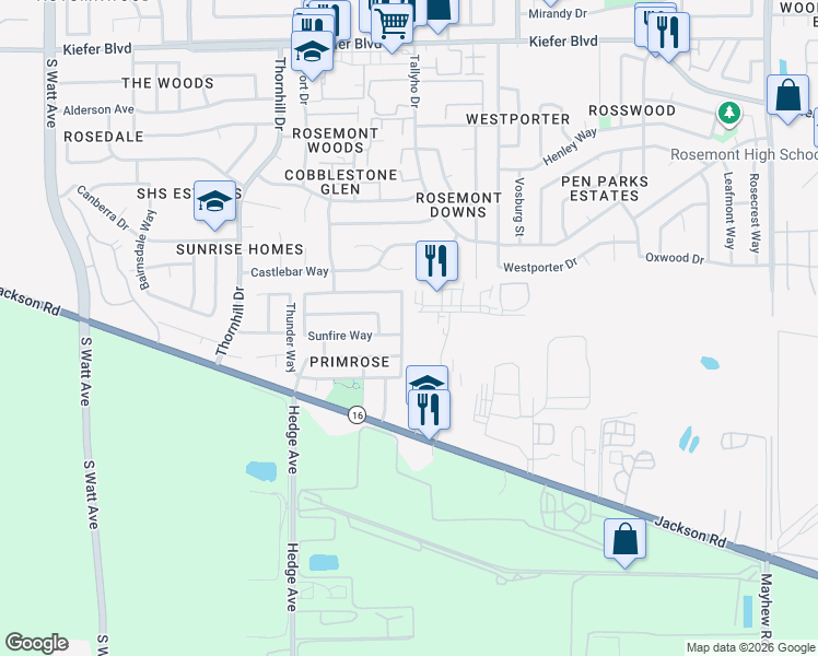 map of restaurants, bars, coffee shops, grocery stores, and more near 4512 Harlin Drive in Sacramento