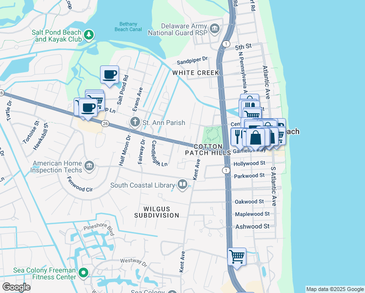map of restaurants, bars, coffee shops, grocery stores, and more near 424 Garfield Parkway in Bethany Beach
