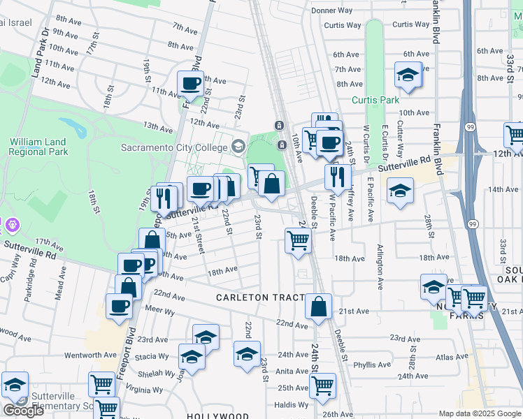 map of restaurants, bars, coffee shops, grocery stores, and more near Sutterville Bypass in Sacramento