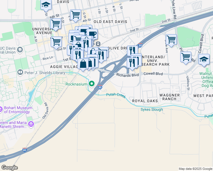 map of restaurants, bars, coffee shops, grocery stores, and more near 950 West Chiles Road in Davis