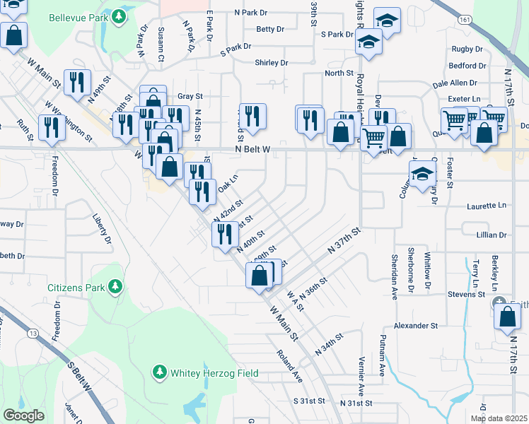 map of restaurants, bars, coffee shops, grocery stores, and more near 212 North 41st Street in Belleville