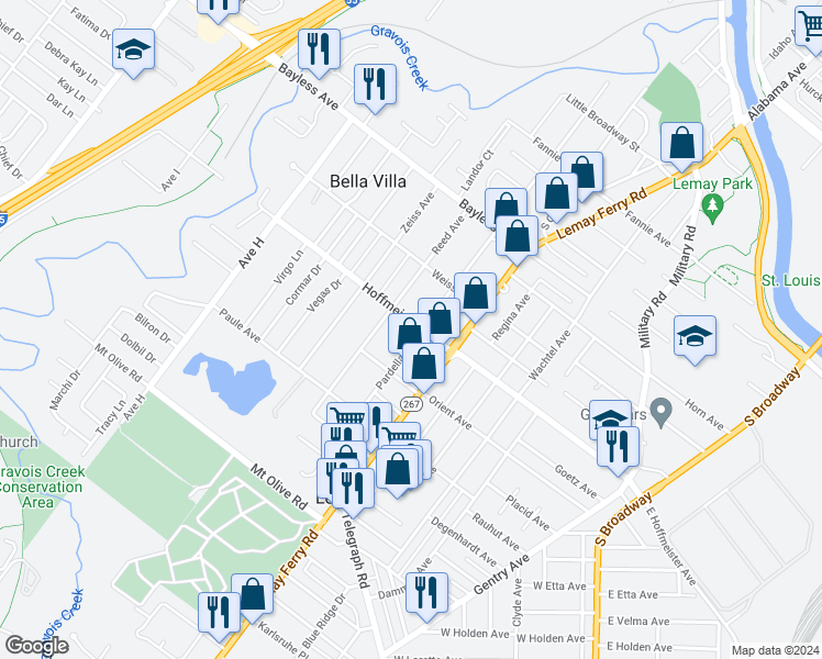 map of restaurants, bars, coffee shops, grocery stores, and more near 3704 Hoffmeister Avenue in St. Louis
