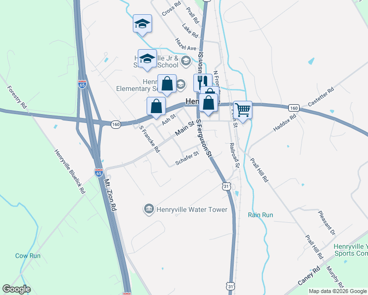 map of restaurants, bars, coffee shops, grocery stores, and more near 315 Cherry Street in Henryville