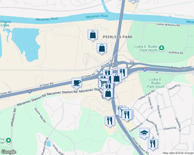 map of restaurants, bars, coffee shops, grocery stores, and more near Interstate 44 in Twin Oaks