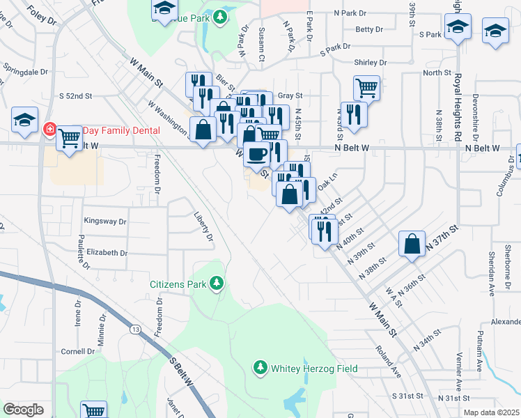 map of restaurants, bars, coffee shops, grocery stores, and more near 21 South 44th Street in Belleville
