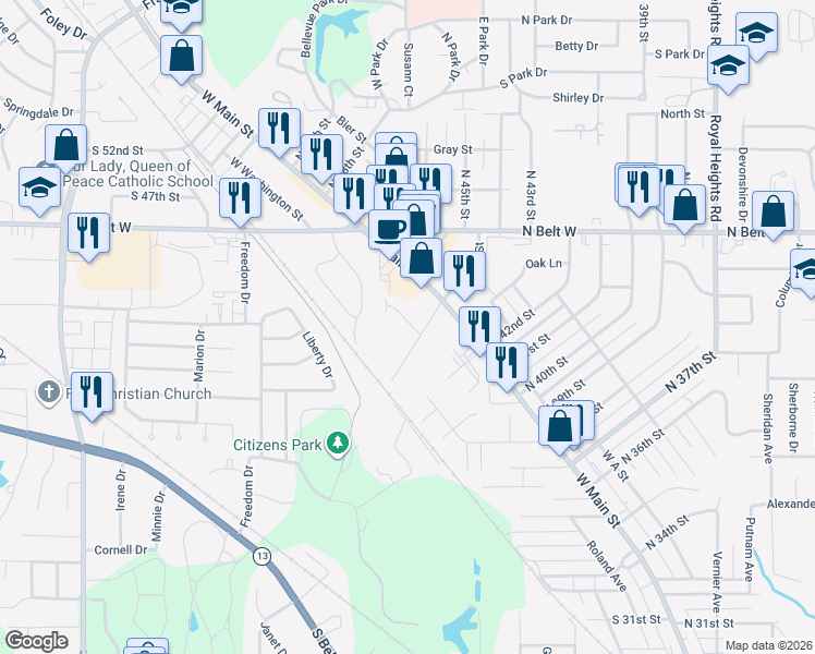 map of restaurants, bars, coffee shops, grocery stores, and more near 21 South 44th Street in Belleville