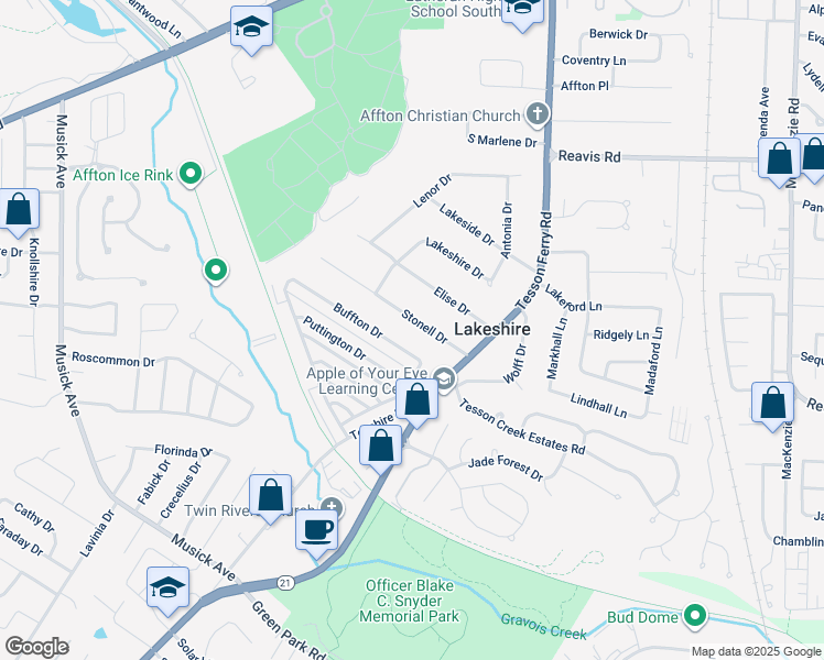 map of restaurants, bars, coffee shops, grocery stores, and more near 10043 Buffton Drive in St. Louis