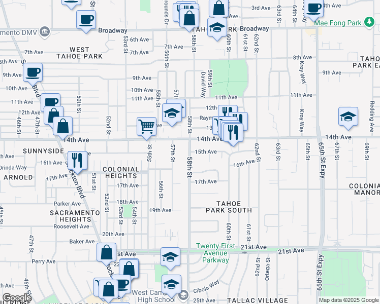 map of restaurants, bars, coffee shops, grocery stores, and more near 15th Avenue & 58th Street in Sacramento