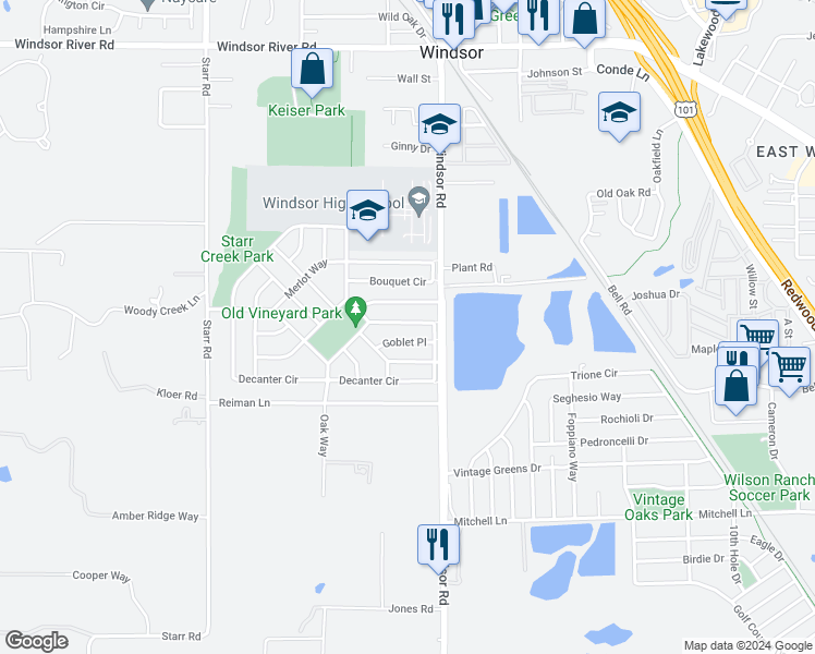 map of restaurants, bars, coffee shops, grocery stores, and more near 674 Decanter Circle in Windsor