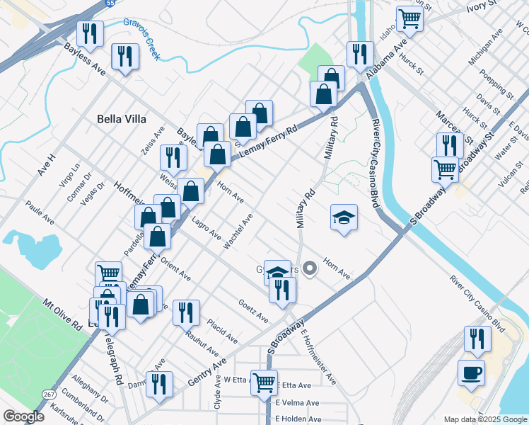 map of restaurants, bars, coffee shops, grocery stores, and more near 353 Horn Avenue in St. Louis