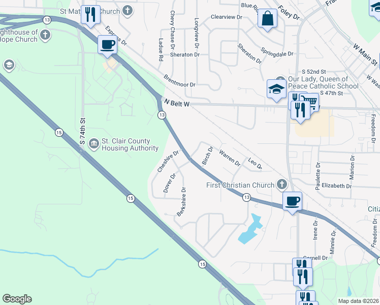 map of restaurants, bars, coffee shops, grocery stores, and more near 2 Dover Drive in Belleville