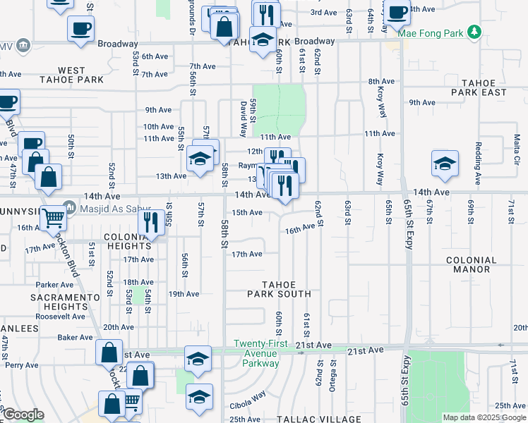 map of restaurants, bars, coffee shops, grocery stores, and more near 4020 60th Street in Sacramento