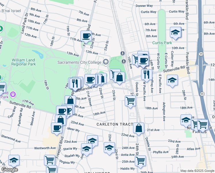 map of restaurants, bars, coffee shops, grocery stores, and more near 2213 15th Avenue in Sacramento