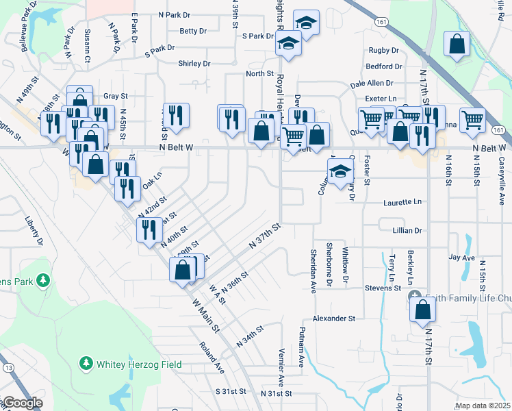 map of restaurants, bars, coffee shops, grocery stores, and more near 438 North 38th Street in Belleville