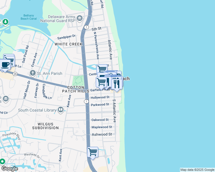 map of restaurants, bars, coffee shops, grocery stores, and more near 100 Garfield Parkway in Bethany Beach