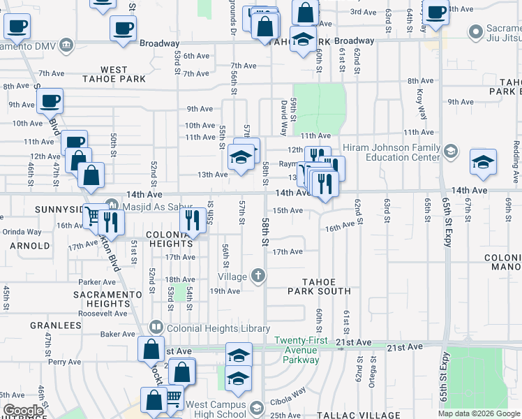 map of restaurants, bars, coffee shops, grocery stores, and more near 4113 58th Street in Sacramento