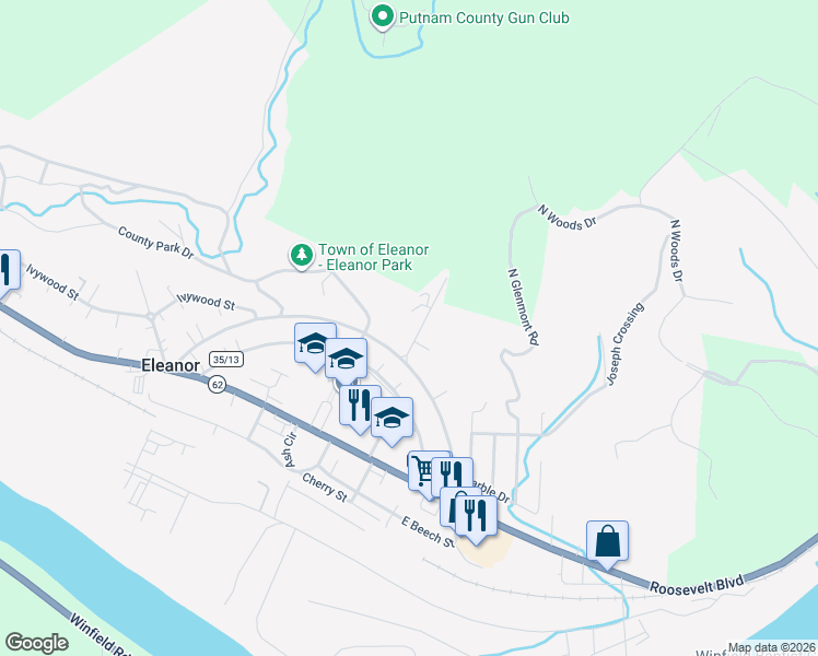map of restaurants, bars, coffee shops, grocery stores, and more near 46 Gum St in Eleanor