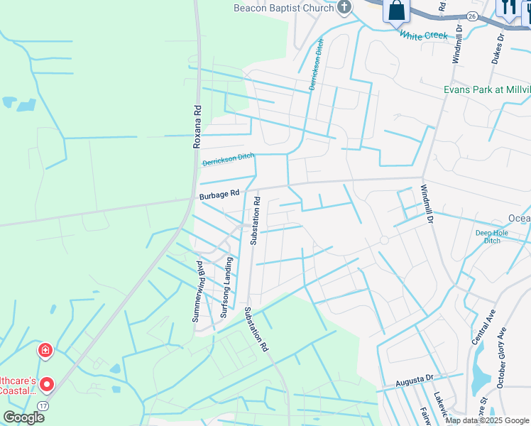 map of restaurants, bars, coffee shops, grocery stores, and more near 19023 Holts Lane in Millville