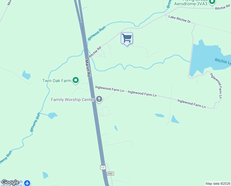 map of restaurants, bars, coffee shops, grocery stores, and more near 5449 Inglewood Farm Ln in Bealeton