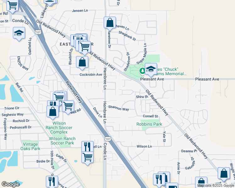 map of restaurants, bars, coffee shops, grocery stores, and more near 7976 Creekside Drive in Windsor