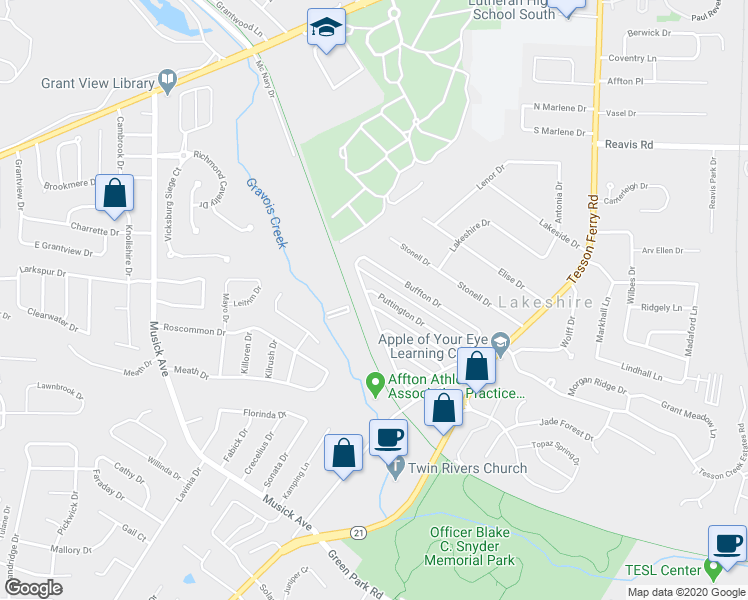 map of restaurants, bars, coffee shops, grocery stores, and more near 10130 Puttington Drive in Saint Louis
